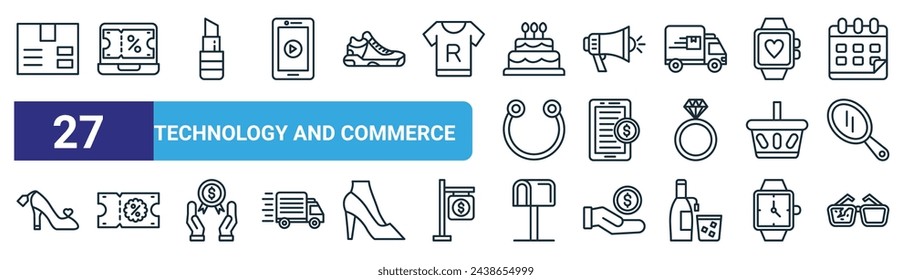 set of 27 outline web technology and commerce icons such as box, discount, lipstick, bullhorn, online payment, discount, mailbox, reading glasses vector thin line icons for web design, mobile app.