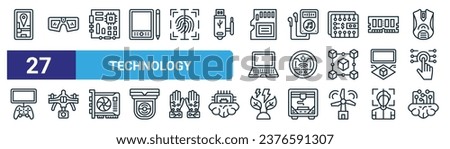 set of 27 outline web technology icons such as  , virtual reality, motherboard, music player, robot vacuum, drone, green energy, brain vector thin line icons for web design, mobile app.