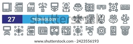 set of 27 outline web technology icons such as pen tablet, memory card,  , vga card, music player, eye scanner, fingerprint scanner, security camera vector thin line icons for web design, mobile