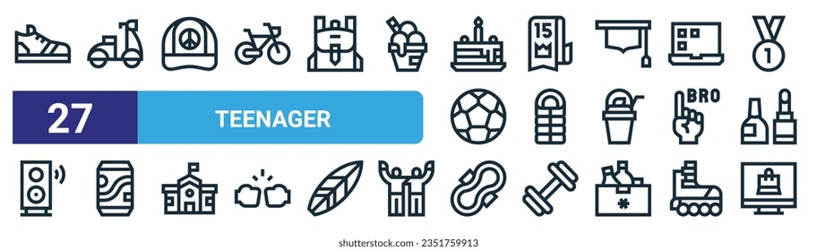 set of 27 outline web teenager icons such as sneakers, scooter, cap, quinceanera, sleeping bag, soda, sanitary pad, online shopping vector thin line icons for web design, mobile app.