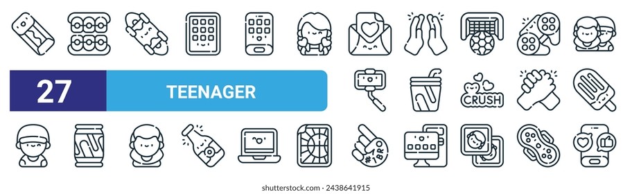 set of 27 outline web teenager icons such as chewing gum, braces, skateboard, high five, drink, soda, no, social media vector thin line icons for web design, mobile app.