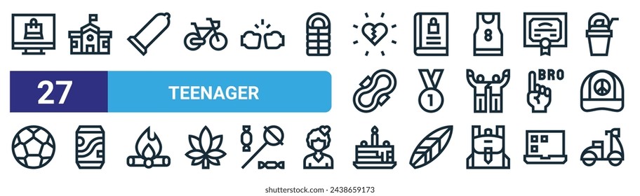 set of 27 outline web teenager icons such as online shopping, school, condom, book, gold medal, soda, cake, scooter vector thin line icons for web design, mobile app.