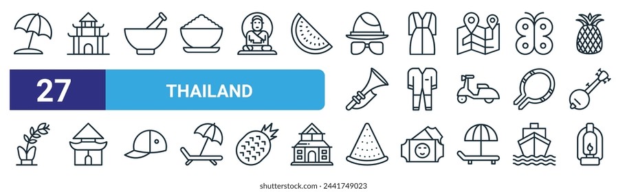 set of 27 outline web thailand icons such as beach umbrella, temple, grinding, clothing, clothing, wat arun, watermelon, lantern vector thin line icons for web design, mobile app.