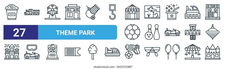 conjunto de 27 iconos de los parques de atracciones web de contorno como palomitas de maíz, tren, rueda de los ferris, acuario, boliche, vr ride, tiro al tiro, castillo vectorial iconos de línea delgada para diseño web, aplicación móvil.