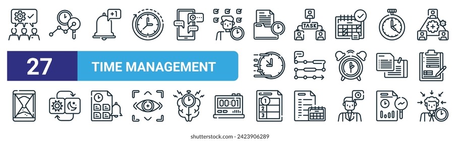 Set von 27 Skizzen für das Web-Time-Management wie Teamwork, Zeiterfassung, Benachrichtigung, Delegate, Workflow, Tag und Nacht, Priorität, Fokussierung Vektorgrafik dünner Linie Symbole für Web-Design, mobile App.