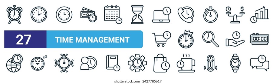 set of 27 outline web time management icons such as alarm clock, clock, running time, customer service, prime time, rest flash sale, customer service vector thin line icons for web design, mobile