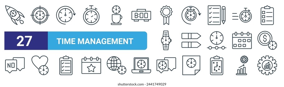 Set von 27 Outline-Web-Zeit-Management-Symbole wie Raketenstart, Fokus, Aktualisieren, Verlauf, Tags, Liebe, Koordination, Produktivitätsvektor dünne Linie-Symbole für Web-Design, mobile App.