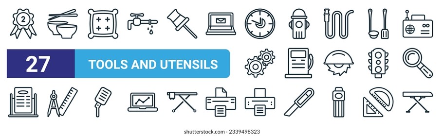 set of 27 outline web tools and utensils icons such as second, two bowls and chopsticks, cushion, water bomb city supplier, fuel oil bomb service, compass and ruler for mathematics, printer with