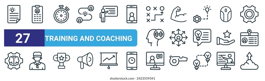 conjunto de 27 iconos de esquema de entrenamiento y entrenamiento web como reportes, reportes, cronómetros, fortaleza, networking, coach, videocall, iconos de línea delgada vector de crecimiento para diseño web, aplicación móvil.