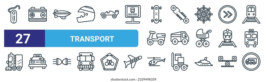 Set von 27 Umrisssymbole für den Web-Transport wie Freisprecheinrichtung, Werkstattreparatur, Blimp, Stoßbrecher, Mittelwagen, Taxi-Transportwagen von vorne, kleiner Hubschrauber, schwerer Vektor