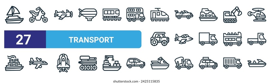conjunto de 27 iconos de transporte web esquemáticos como barco de vela, motocicleta, avión, coche deportivo, avión, barco de reacción, vector de lancha de velocidad de línea delgada iconos para el diseño web, aplicación móvil.