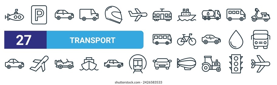 conjunto de 27 iconos de transporte web esquemáticos como submarino, aparcamiento, coche, barco, bicicleta, avión, coche, plano vector línea delgada iconos para el diseño web, aplicación móvil.