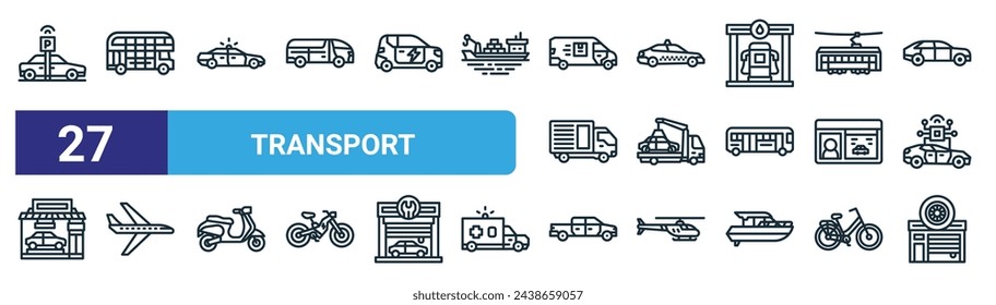 conjunto de 27 iconos de transporte web esquemáticos como aparcamiento, autobús de dos pisos, coche de policía, taxi, camión grúa, avión, coche, vector de servicio de línea delgada iconos para el diseño web, aplicación móvil.