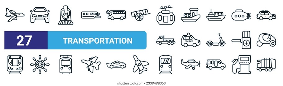 set of 27 outline web transportation icons such as jetliner, car frontal view, train front, houseboat, police car, ship helm,  , litter car vector thin line icons for web design, mobile app.