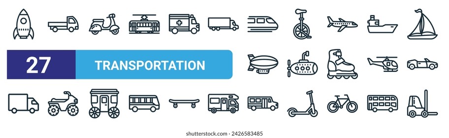 conjunto de 27 iconos de transporte web esquemáticos como cohete, camioneta, scooter, monociclo, submarino, atv, autobús escolar, carretilla elevadora vector línea delgada iconos para diseño web, aplicación móvil.