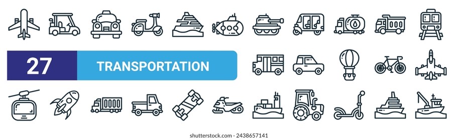 set of 27 outline web transportation icons such as plane, golf cart, taxi, rickshaw, car, rocket, cargo ship, fishing boat vector thin line icons for web design, mobile app.