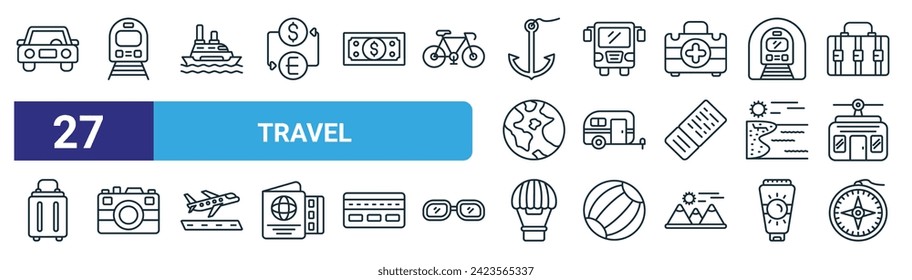 set of 27 outline web travel icons such as car, train, cruise ship, bus, caravan, photo camera, hot air balloon, compass vector thin line icons for web design, mobile app.