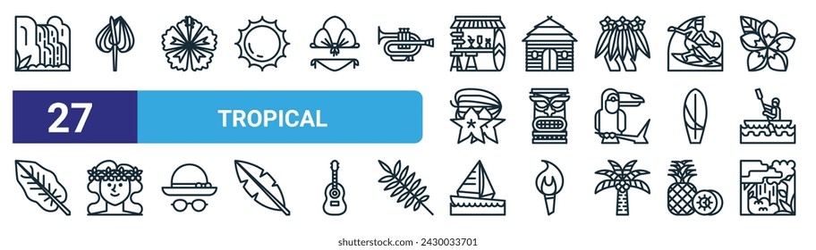 set of 27 outline web tropical icons such as waterfall, anthurium, hibiscus, hut, tiki, hawaiian, sail boat, rainforest vector thin line icons for web design, mobile app.