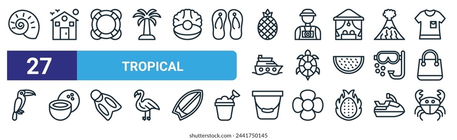 set of 27 outline web tropical icons such as shell, resort, life saver, tourist, turtle, coconut, bucket, crab vector thin line icons for web design, mobile app. svg