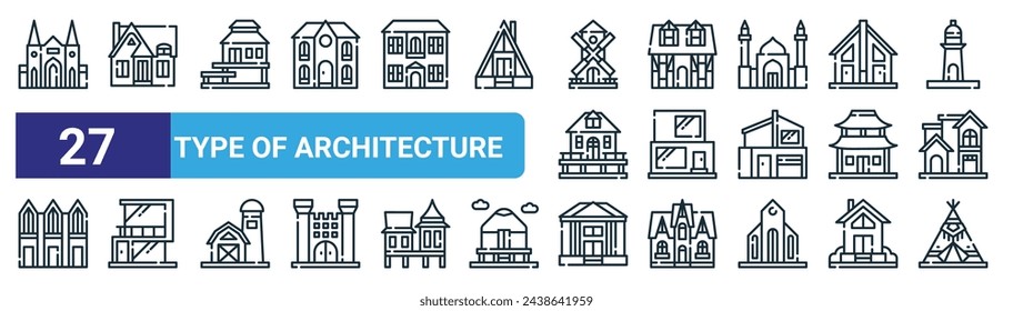 set of 27 outline web type of architecture icons such as church, english, bungalow, tudor, modular, modern house, house, tepee vector thin line icons for web design, mobile app.