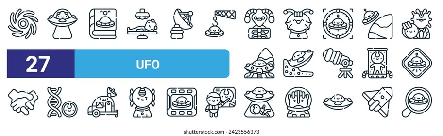 set of 27 outline web ufo icons such as vortex, abduction, book, alien, ufo, dna, abduction, search vector thin line icons for web design, mobile app.