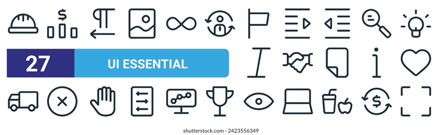 set of 27 outline web ui essential icons such as helmet,  , direction, indent, handshake, cross, eye, frame vector thin line icons for web design, mobile app.