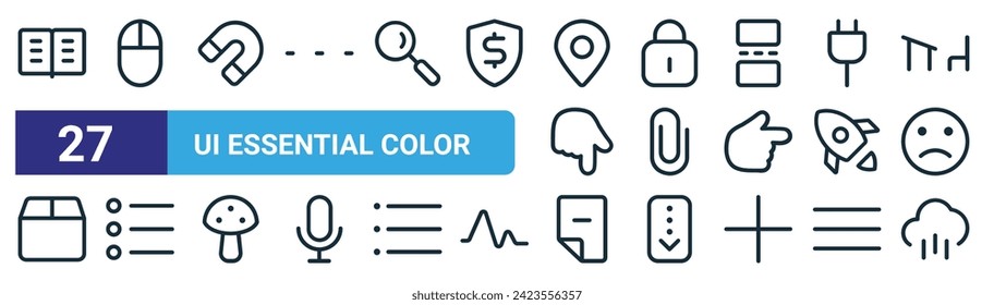 set of 27 outline web ui essential color icons such as library, mouse, magnet, lock, paperclip, more, file, rain vector thin line icons for web design, mobile app.