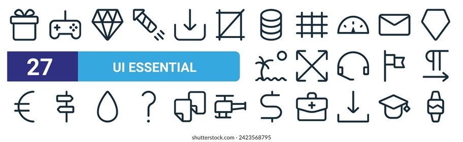 conjunto de 27 iconos de esquema web ui esenciales como regalo, juego, diamante, , pantalla completa, dirección, dólar, monitorizar iconos de línea delgada vectorial para diseño web, aplicación móvil.