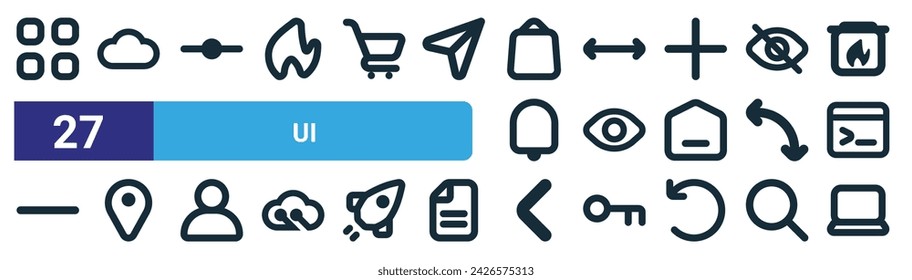 set of 27 outline web ui icons such as dashboard, cloud, add anchor, resize, show, location, left, laptop vector thin line icons for web design, mobile app.