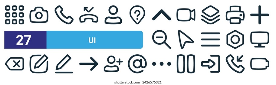 set of 27 outline web ui icons such as apps, camera, phone, video, cursor, edit, more, battery vector thin line icons for web design, mobile app.