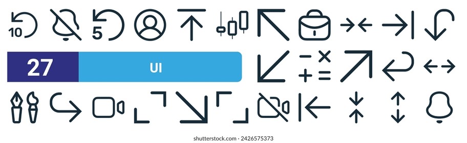 set of 27 outline web ui icons such as backward, bell, sec, bag, calculator, right, camera, bell vector thin line icons for web design, mobile app.