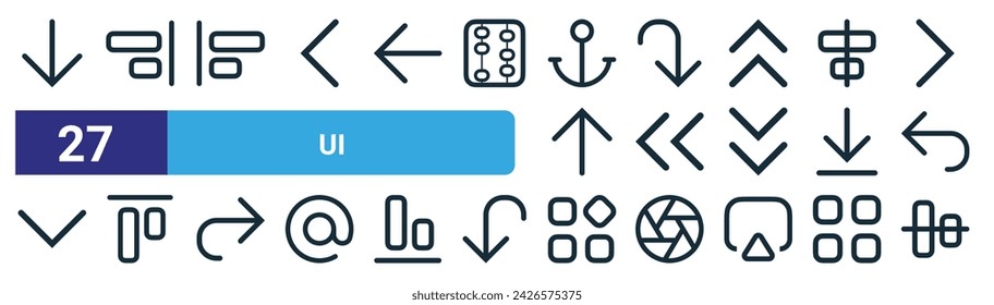 set of 27 outline web ui icons such as down, right align, align left, right down, left, top alignment, apps, center align vector thin line icons for web design, mobile app.