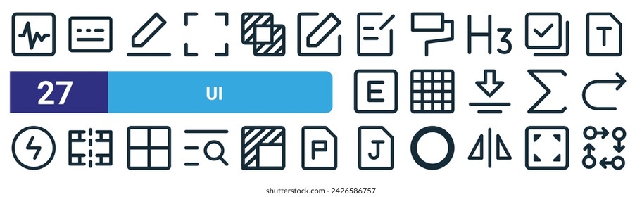 Set von 27 Outline Web UI-Symbole wie Welle, Tastatur, Bearbeiten, Pinsel, Raster, Film, JPG, Endpoint Vector Thin Line Icons für Web-Design, mobile App.