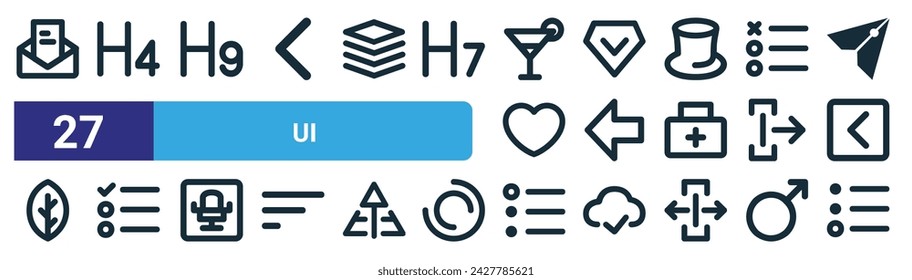 conjunto de 27 iconos de interfaz de usuario web de esquema como correo, título, encabezado, nivel, espalda, lista, menú abierto vector de iconos de línea fina para diseño web, aplicación móvil.