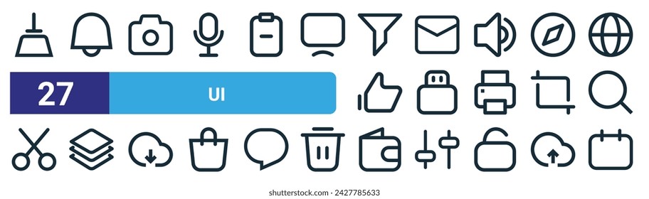 set of 27 outline web ui icons such as cleaner, notification, camera, mail, pendrive, layers, wallet, calendar vector thin line icons for web design, mobile app.