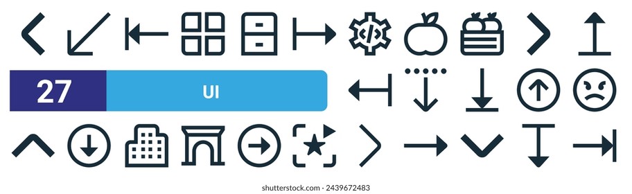 set of 27 outline web ui icons such as left, down left, left,  , dotted lines, down, right angle, right align vector thin line icons for web design, mobile app.