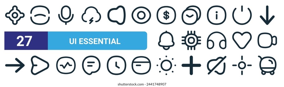 set of 27 outline web ui essential icons such as  , scan, mic, message, cpu, send, sun, cart vector thin line icons for web design, mobile app.