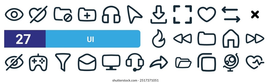 set of 27 outline web ui icons such as eye, heart, folder, expand, rewind, gamepad, forward, heartbeat vector thin line icons for web design, mobile app.