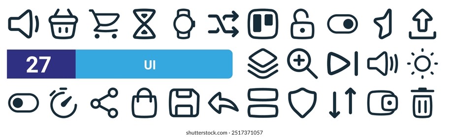 set of 27 outline web ui icons such as volume, shopping basket, shopping cart, unlock, zoom in, timer, rows, trash vector thin line icons for web design, mobile app.