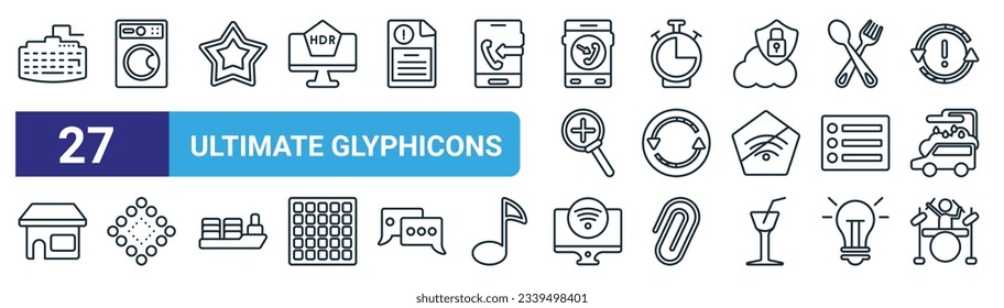 set of 27 outline web ultimate glyphicons icons such as computer keyboard, washing hine with dots, star point, time almost full, reload arrow, big and small dots, tv wireless connection, band vector