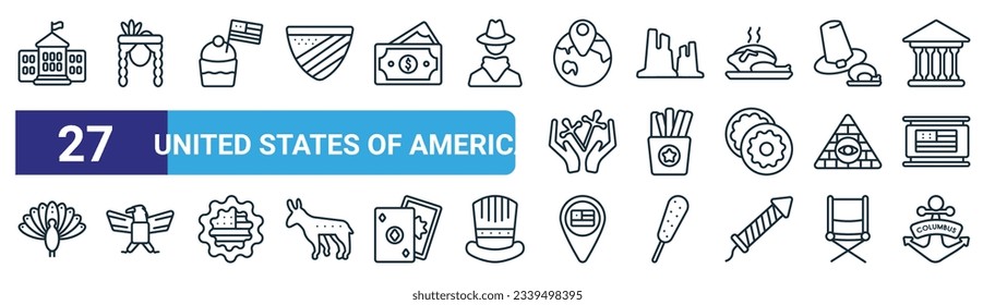 set of 27 outline web united states of america icons such as white house, indian, bake, grand canyon, french fries, eagle, united states, columbus day vector thin line icons for web design, mobile