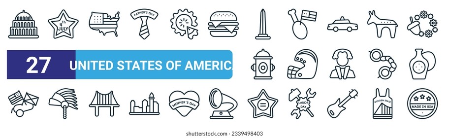 set of 27 outline web united states of america icons such as washington, independence day, america, turkey leg, rugby helmet, american native, walk of fame, made in usa vector thin line icons for