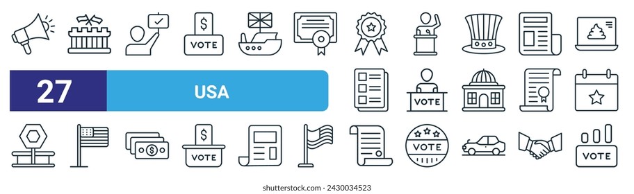 set of 27 outline web usa icons such as announcing, polling station, youth, tribune, speech, flag, ballot, vote vector thin line icons for web design, mobile app.