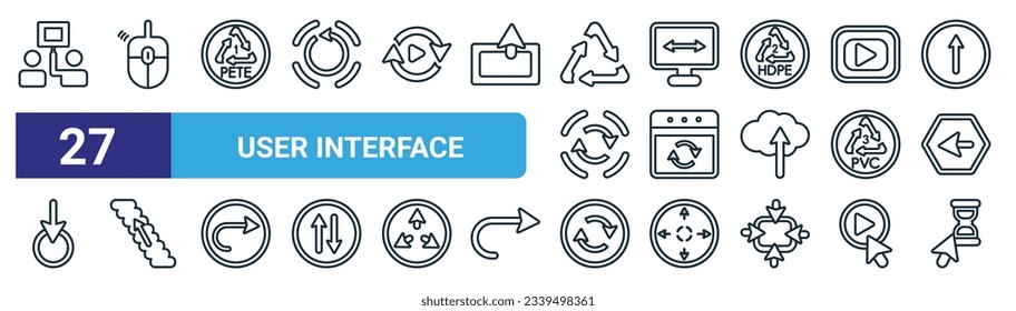 set of 27 outline web user interface icons such as look, lightining, horizontal alignment, connectivity, activated, low volume, visible, exclamation button vector thin line icons for web design,