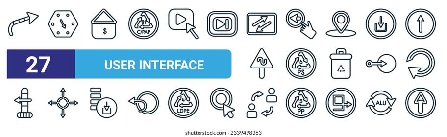 set of 27 outline web user interface icons such as voice message, hour, mic, remove, next page, store, pic, envelope vector thin line icons for web design, mobile app.