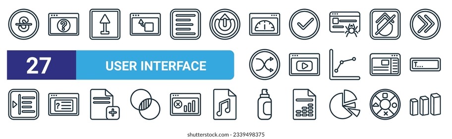 set of 27 outline web user interface icons such as strikethrough, question button, slim up, round done button, video file, answer, spray paint, 3d bars vector thin line icons for web design, mobile