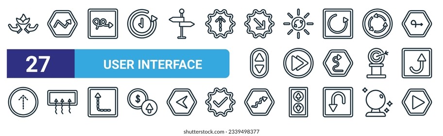 set of 27 outline web user interface icons such as hand and sprout, increasing, sketch loop arrow, solar recycle, musical, rear window defrost, squiggly arrow, movie play button vector thin line