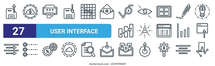 set of 27 outline web user interface icons such as uploading file, download from the cloud, print filled interface tool, hidden, user data analytics, radio button, dollars in a mail, mobile stock