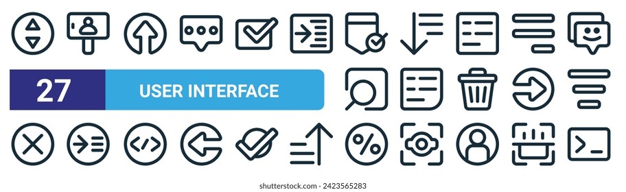 set of 27 outline web user interface icons such as navigation, vlog, upload, sort, left align, right align, percent, command line vector thin line icons for web design, mobile app.
