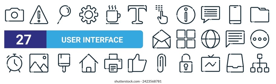 conjunto de 27 iconos de interfaz de usuario web de esquema como cámara, error, pin, info, categoría, foto, adjunto, iconos de línea delgada vector de jerarquía para diseño web, aplicación móvil.
